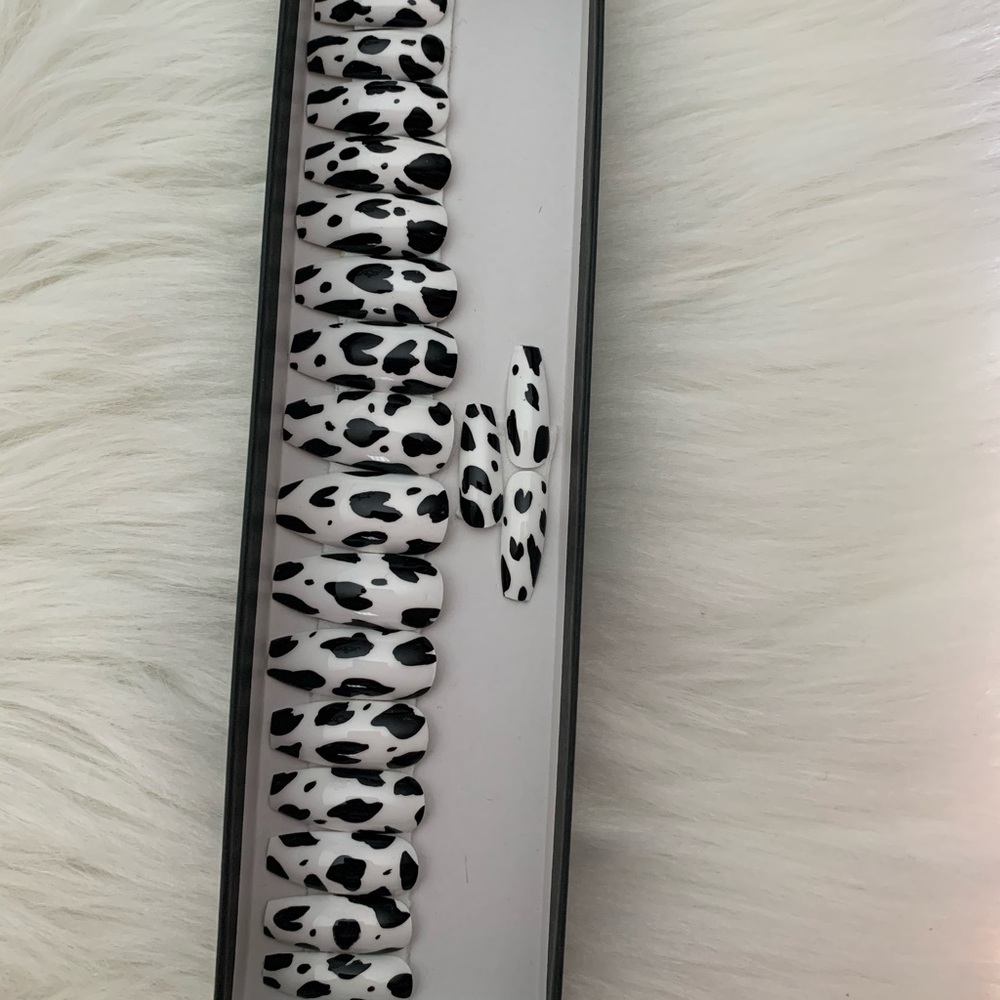Long coffin cow print press on nails